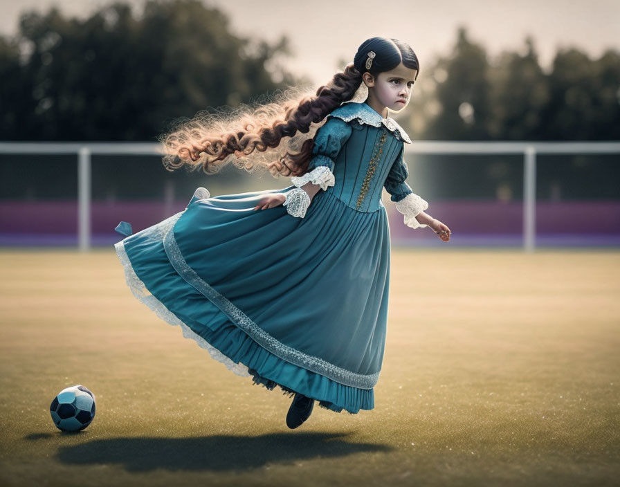 Young girl in vintage dress playing soccer with flowing hair and rolling ball.