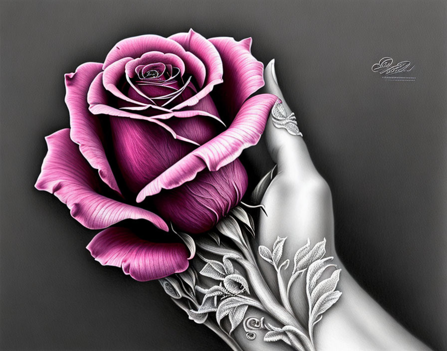 Grayscale image with a pink rose held by a hand