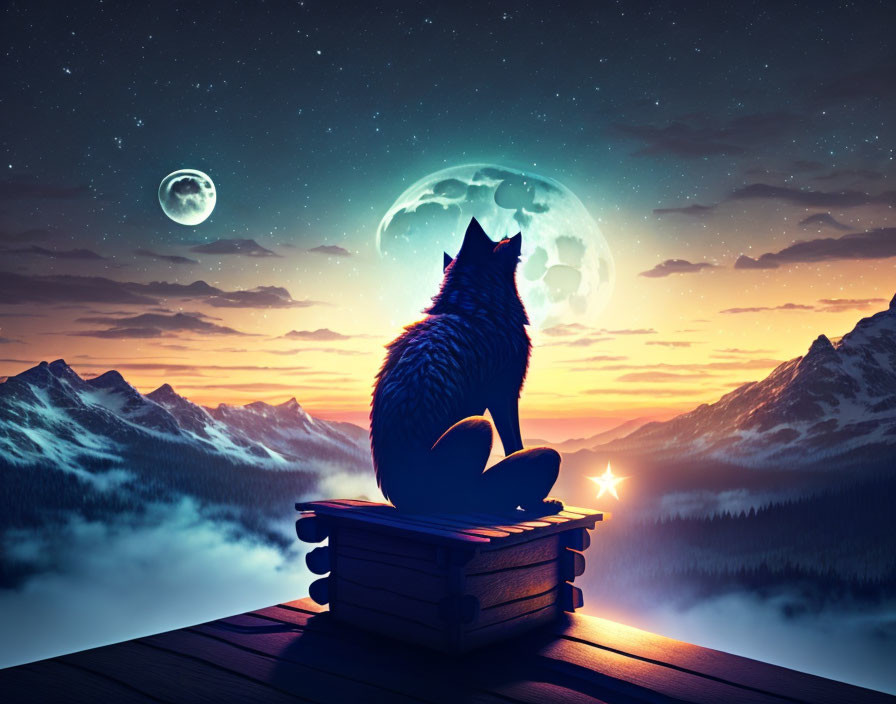 Lone wolf howling on wooden structure under starry night sky