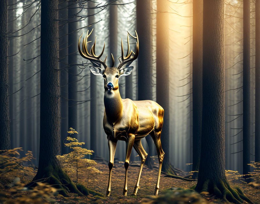 Majestic deer with prominent antlers in sunlit forest