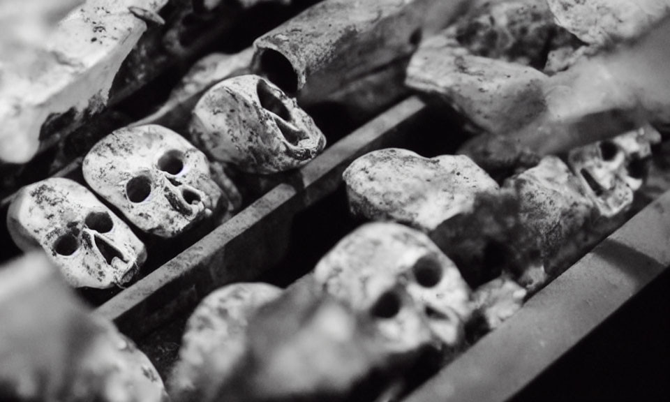 Monochrome close-up of decorative aligned skulls