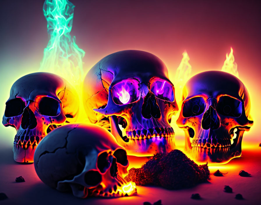 Four human skulls with colorful flames on dark background