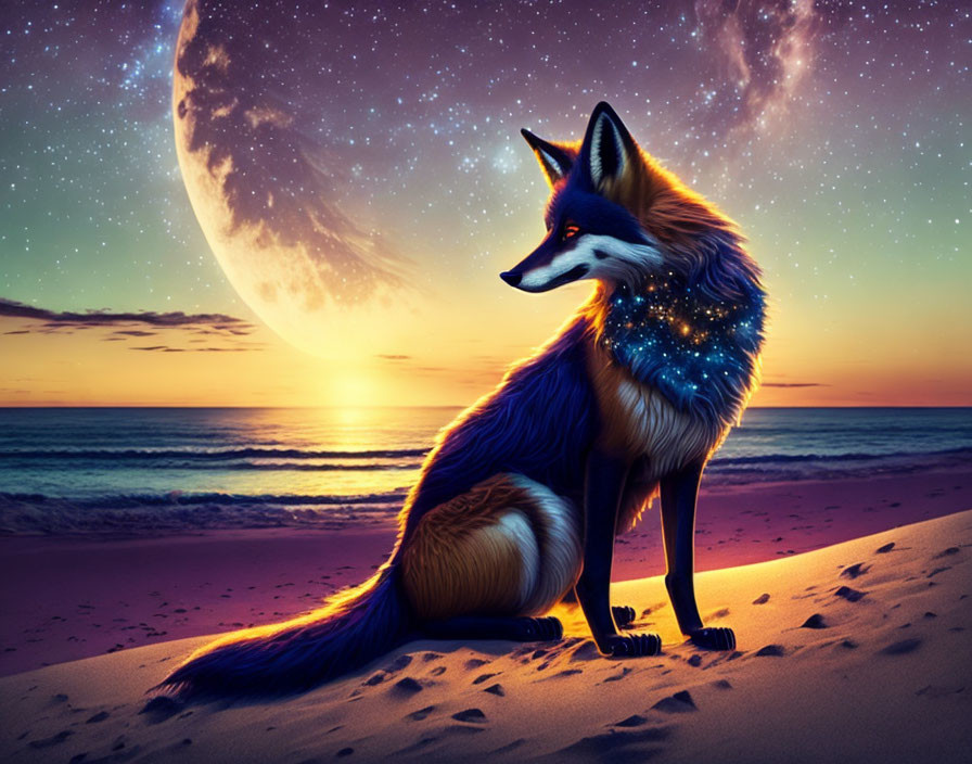 Starry-coated mystical fox on beach at sunset with giant moon