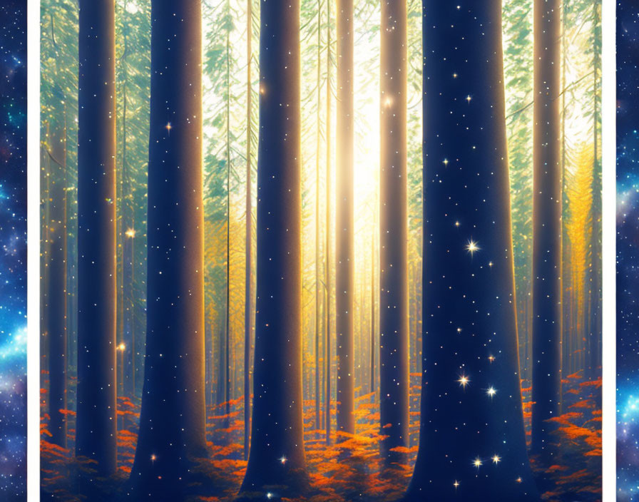 Enchanting forest with tall trees and starry sky effect background