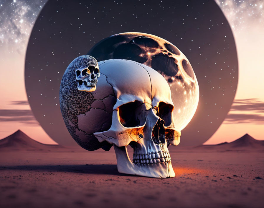 Surreal art: Human skull fused with cracked planet in desert landscape