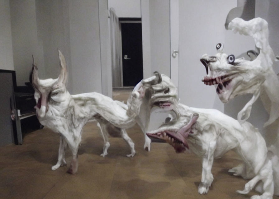 Multi-headed ghostly dog sculptures with exaggerated expressions and swirling forms in dimly lit room