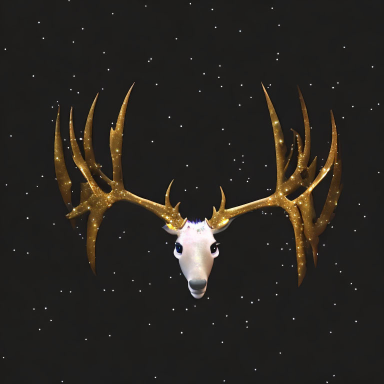 White deer head with golden antlers on starry night sky.