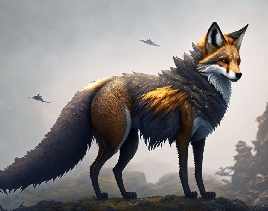 Majestic fox-like creature with bird-like feathers on rocky terrain