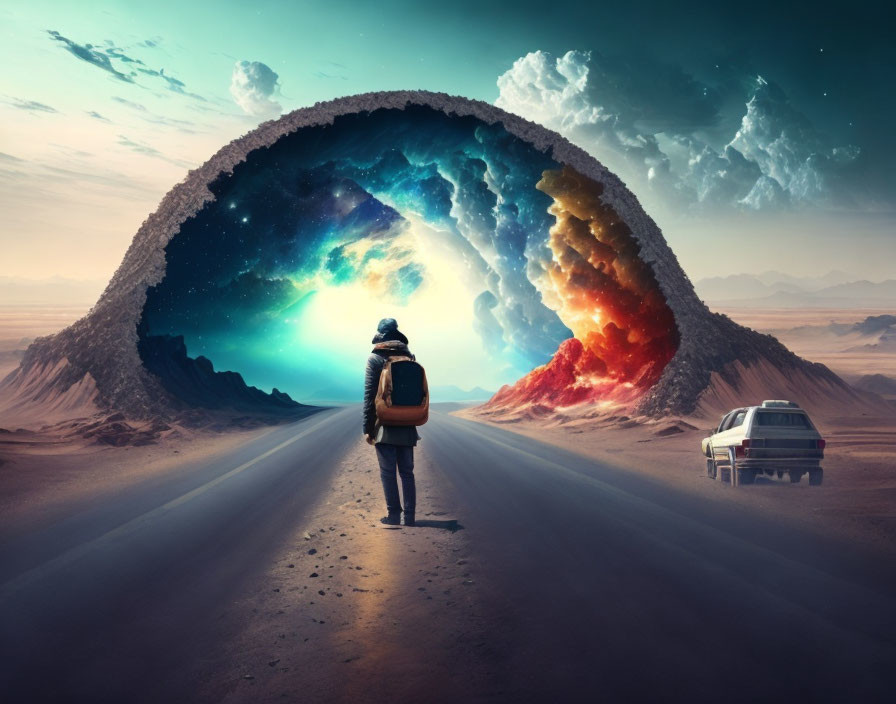 Person on desert road with cosmic wave and car in surreal scene.