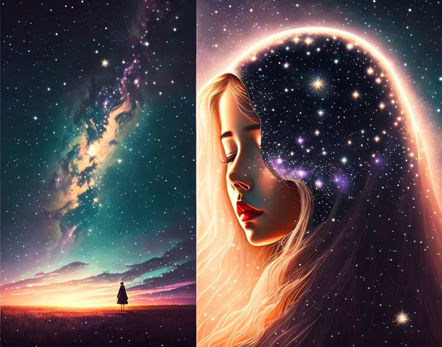 Split digital art: Woman in starry dreamscape & cosmic silhouette aligns with vibrant galaxy over twilight