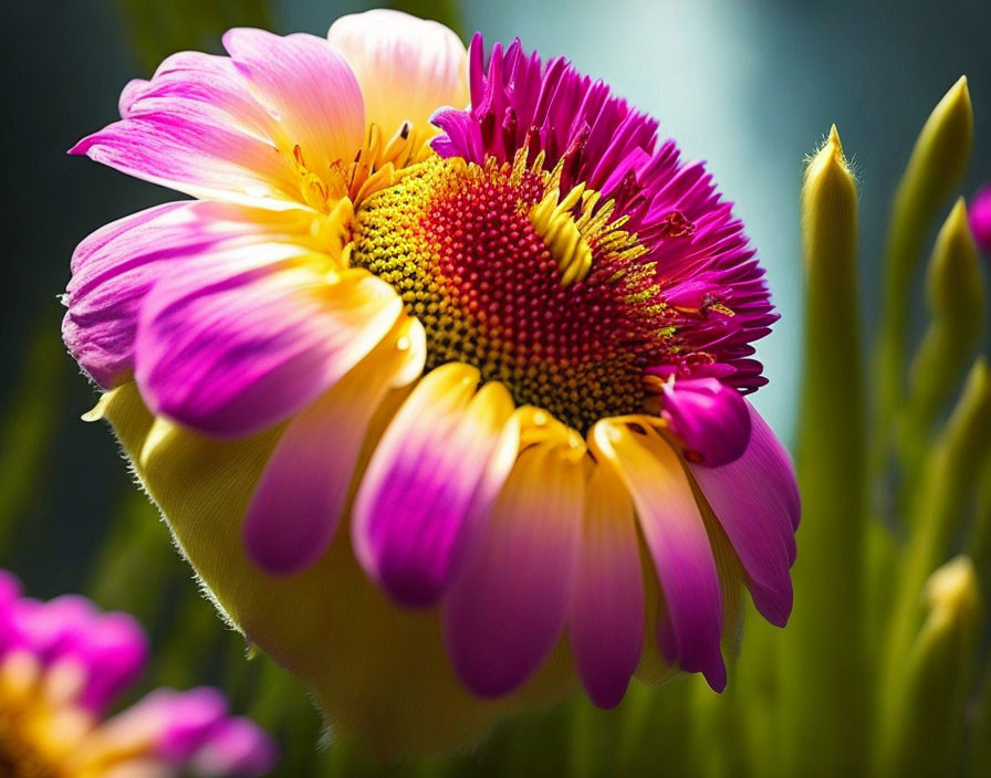 Detailed Pink and Yellow Flower with Textured Center and Greenery