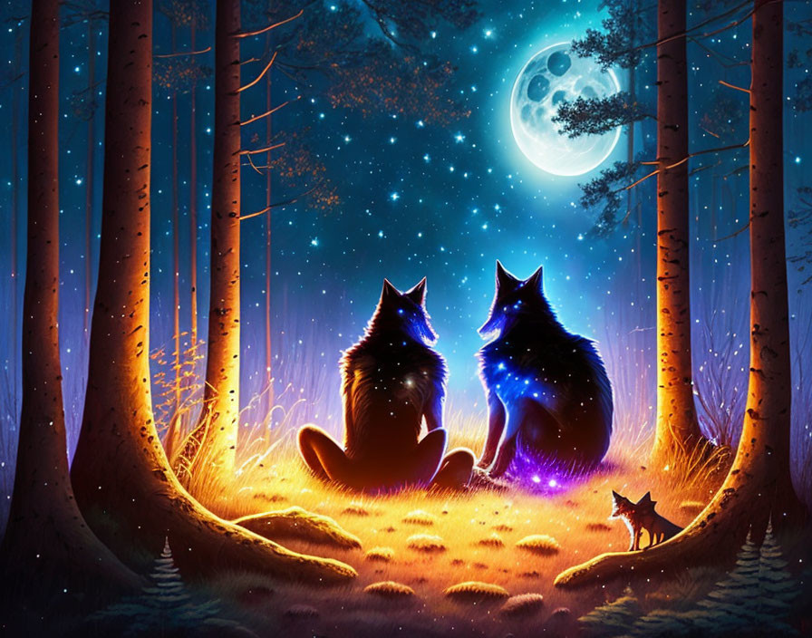 Luminescent wolves and cub in mystical forest under full moon