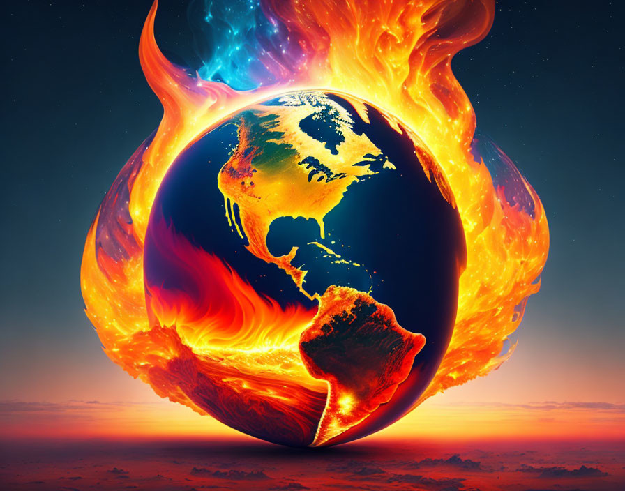 Digital Artwork: Earth split between flames and cool blue aura