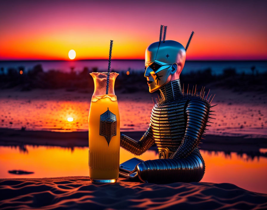 Humanoid robot on sandy beach at sunset with orange drink, orange and blue sky