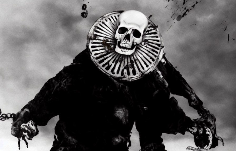 Monochrome image of skull-headed figure with ribbed collar and chains