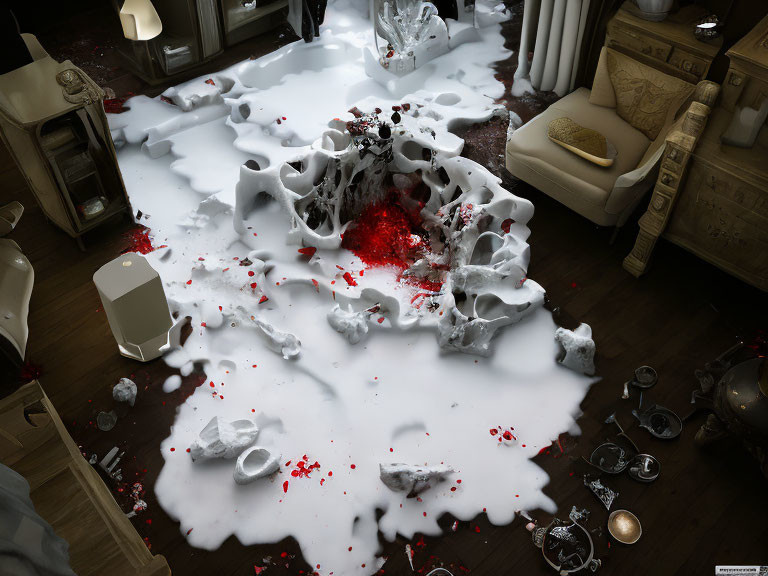 Elegant Furniture Mixed with Chaotic White Foam and Red Liquid