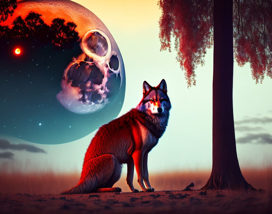 Fox in surreal twilight landscape with fantastical planet and celestial bodies