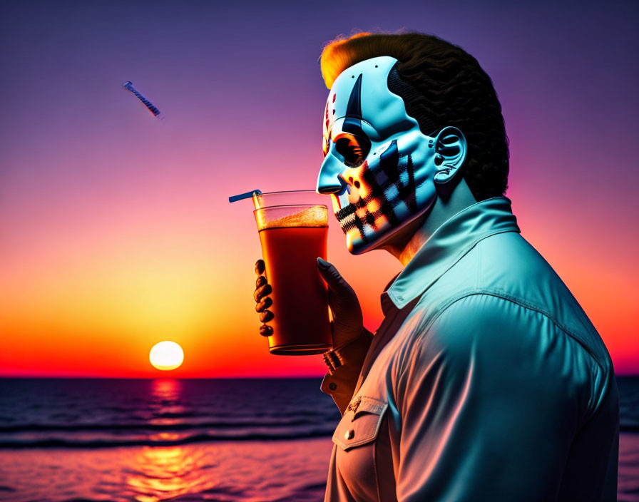 Half human, half robot man sipping drink on sunset beach - vibrant, surreal art.