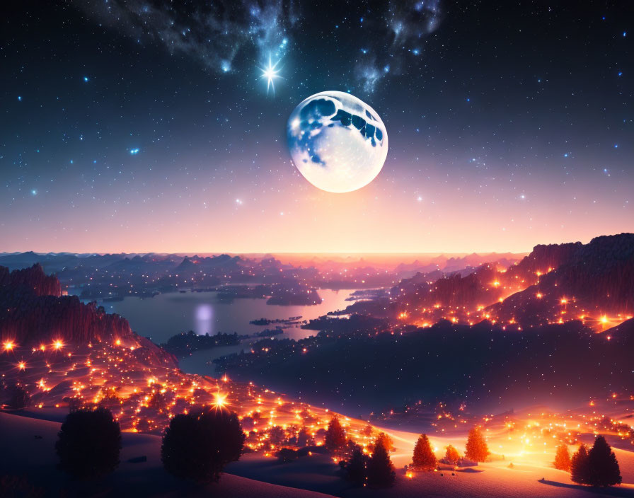 Luminous moon over starry night landscape with city lights and lake