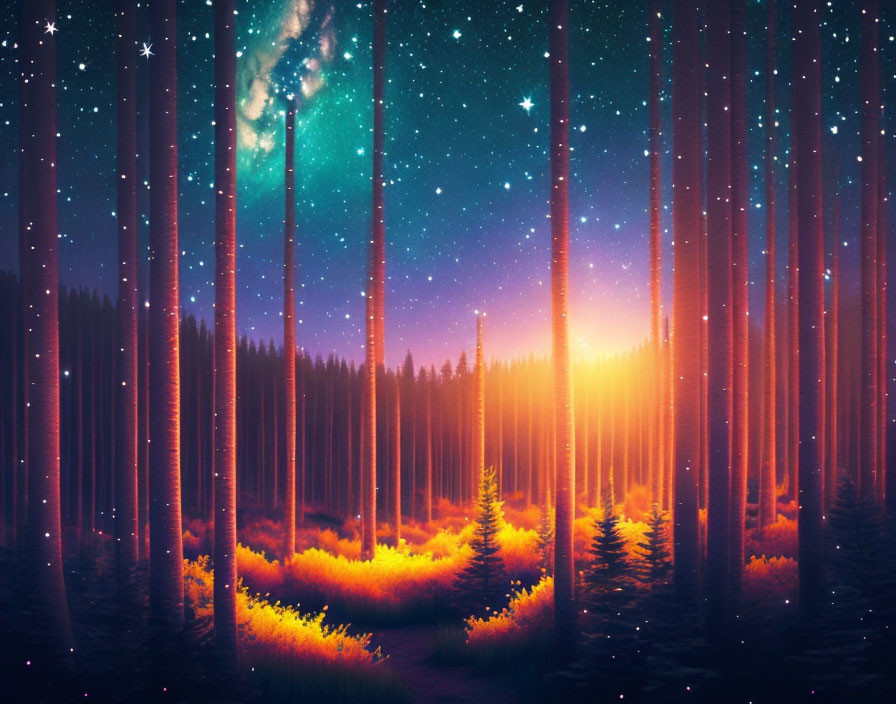 Mystical forest digital artwork: towering trees, starry sky, magical light