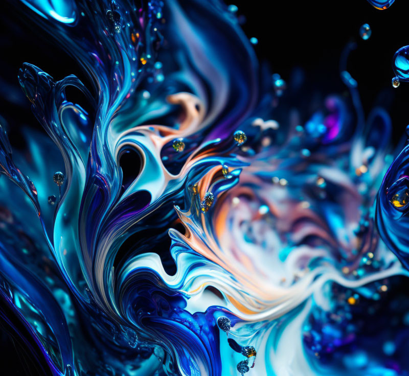 Abstract image: Blue and orange fluid shapes with glistening bubbles and swirls