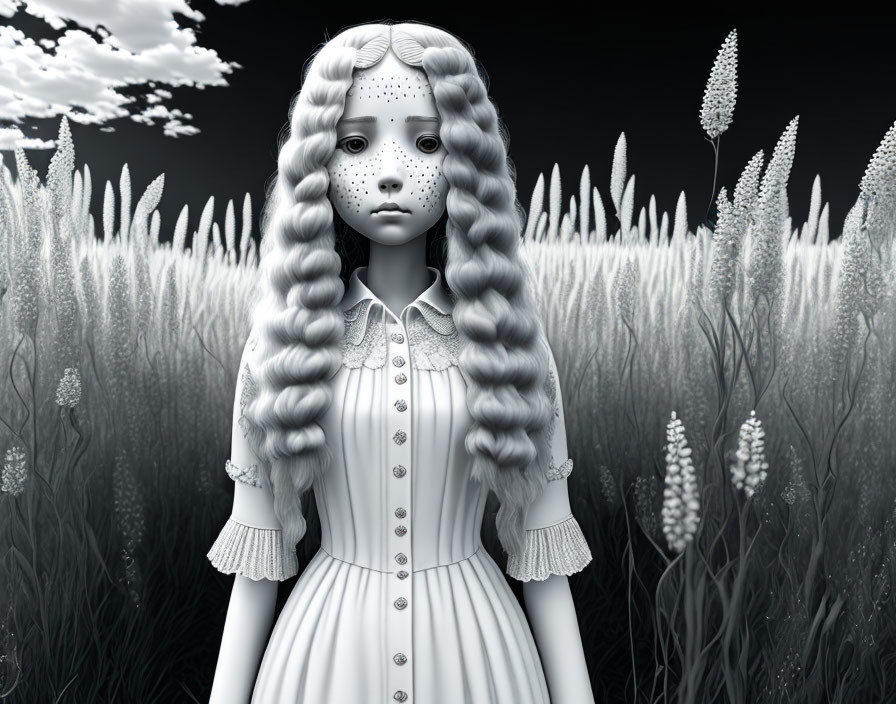 Grayscale illustration of girl with braided hair in tall grass