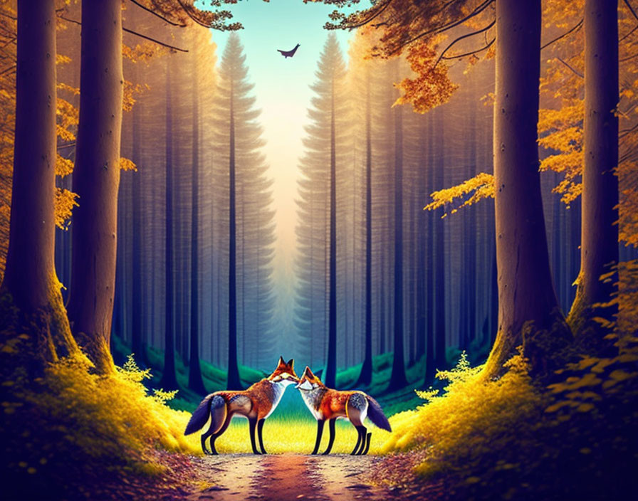 Vibrant sunlit forest with two facing foxes & soaring bird