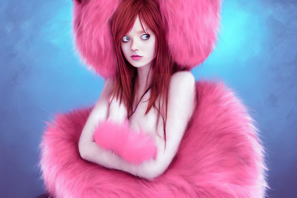 Red-haired girl with fluffy pink ears hugging herself in pink fur.