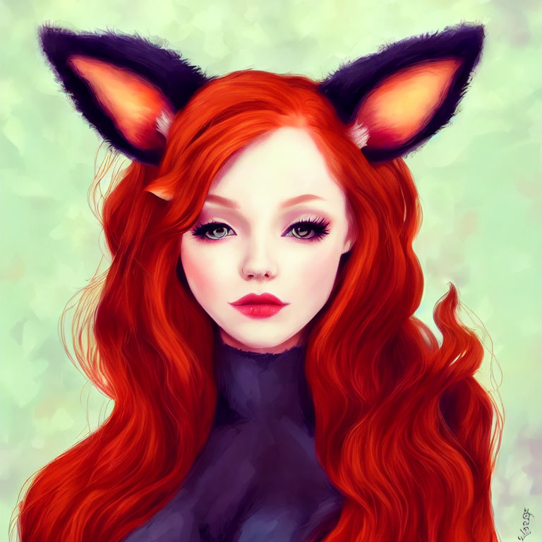 Digital Illustration: Red-haired woman with fox ears on pastel green background