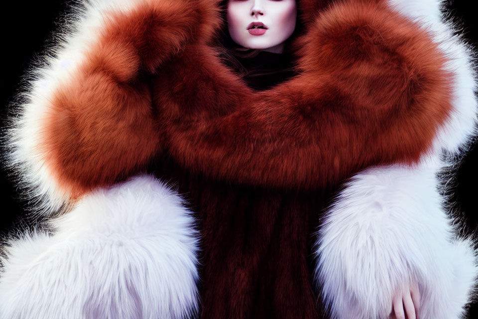 Luxurious White and Reddish-Brown Fur Attire with Dramatic Makeup