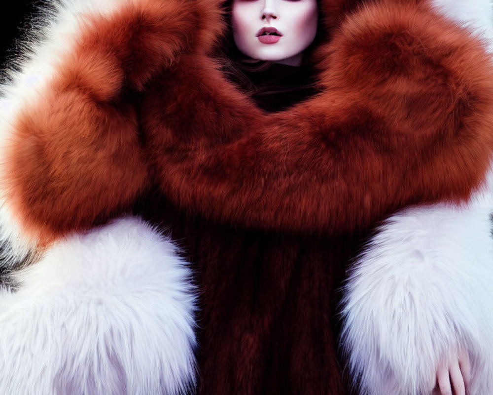 Luxurious White and Reddish-Brown Fur Attire with Dramatic Makeup