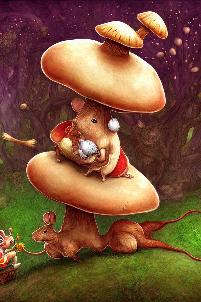 Whimsical anthropomorphic mice in enchanted forest with oversized mushrooms