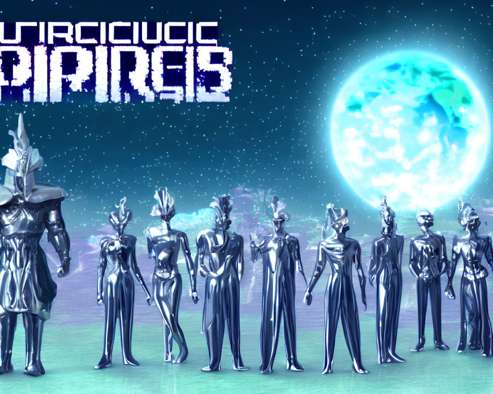 Futuristic silver armored humanoid figures with blue moon on alien landscape