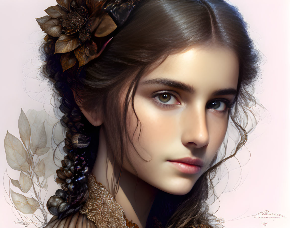 Portrait of Woman with Dark Hair in Braid & Flowers: Detailed Realistic Digital Painting