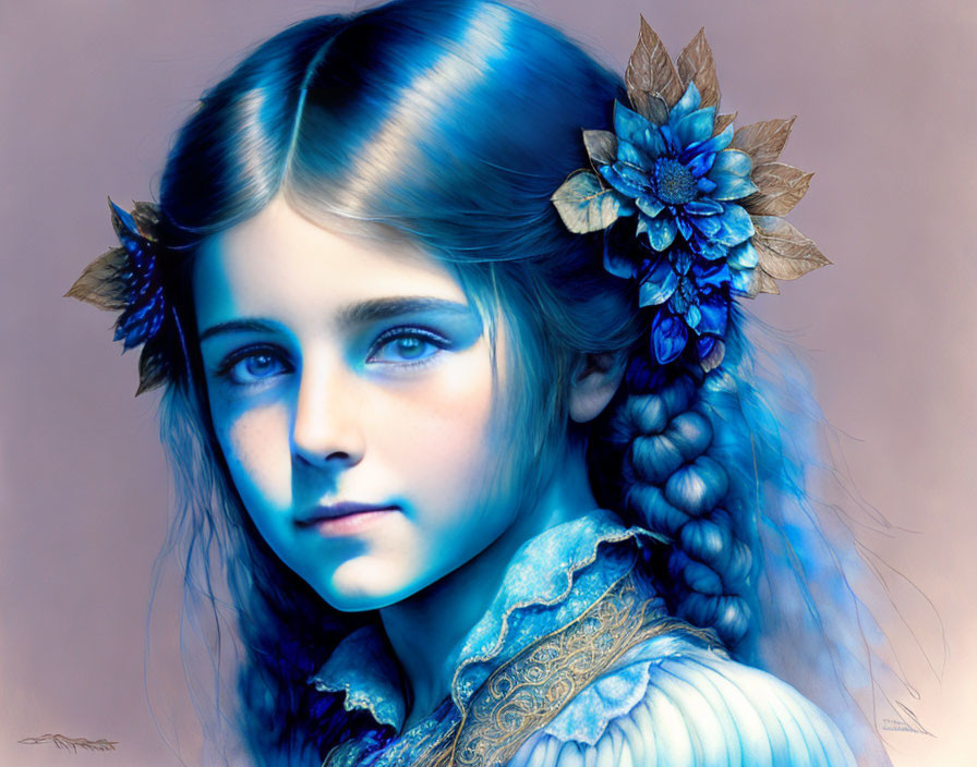 Digital painting of young girl with blue eyes and flower-adorned braided hair on soft blue background