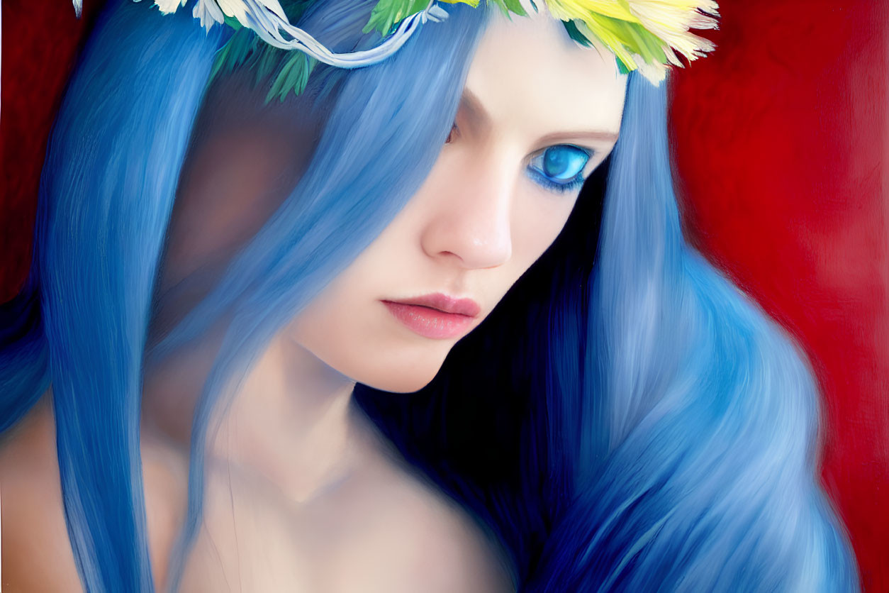 Digital artwork: Person with blue eyes, blue hair, white and yellow flower crown on red background