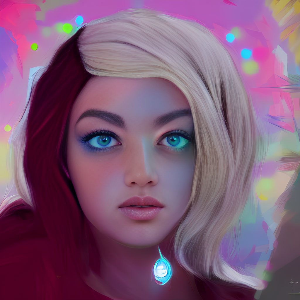 Digital painting of woman with blue eyes and fantasy jewel on abstract background