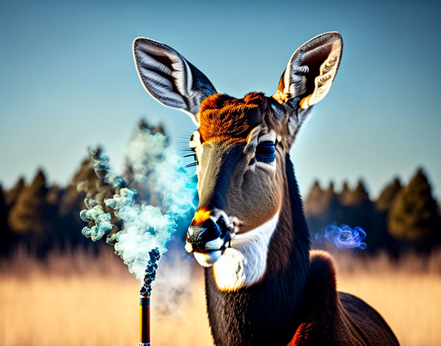 Exaggerated ears antelope smoking hookah in forest scene