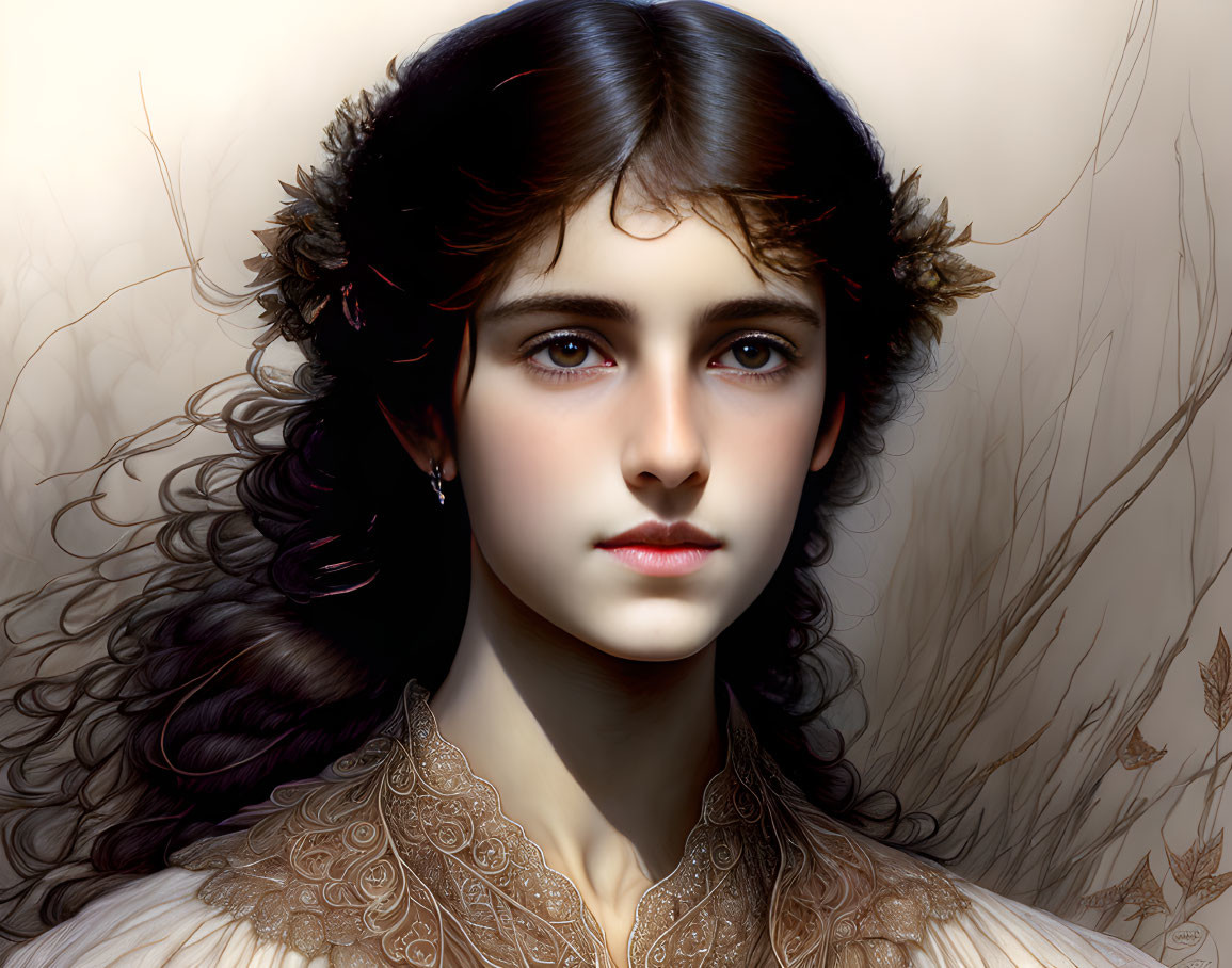 Portrait of young woman with dark hair, pale skin, light eyes, lace collar, leafy head