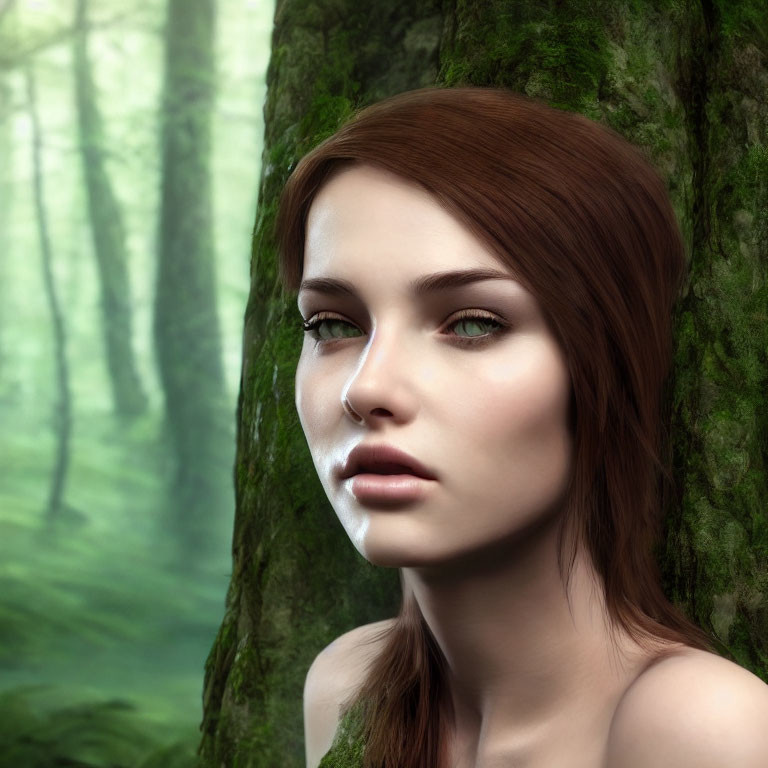 Brown-Haired Woman with Green Eyes Leaning Against Tree in Foggy Forest