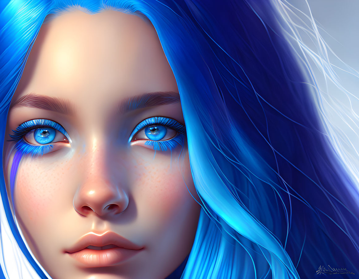 Detailed digital portrait: vibrant blue hair, striking blue eyes, and textured skin under soft lighting