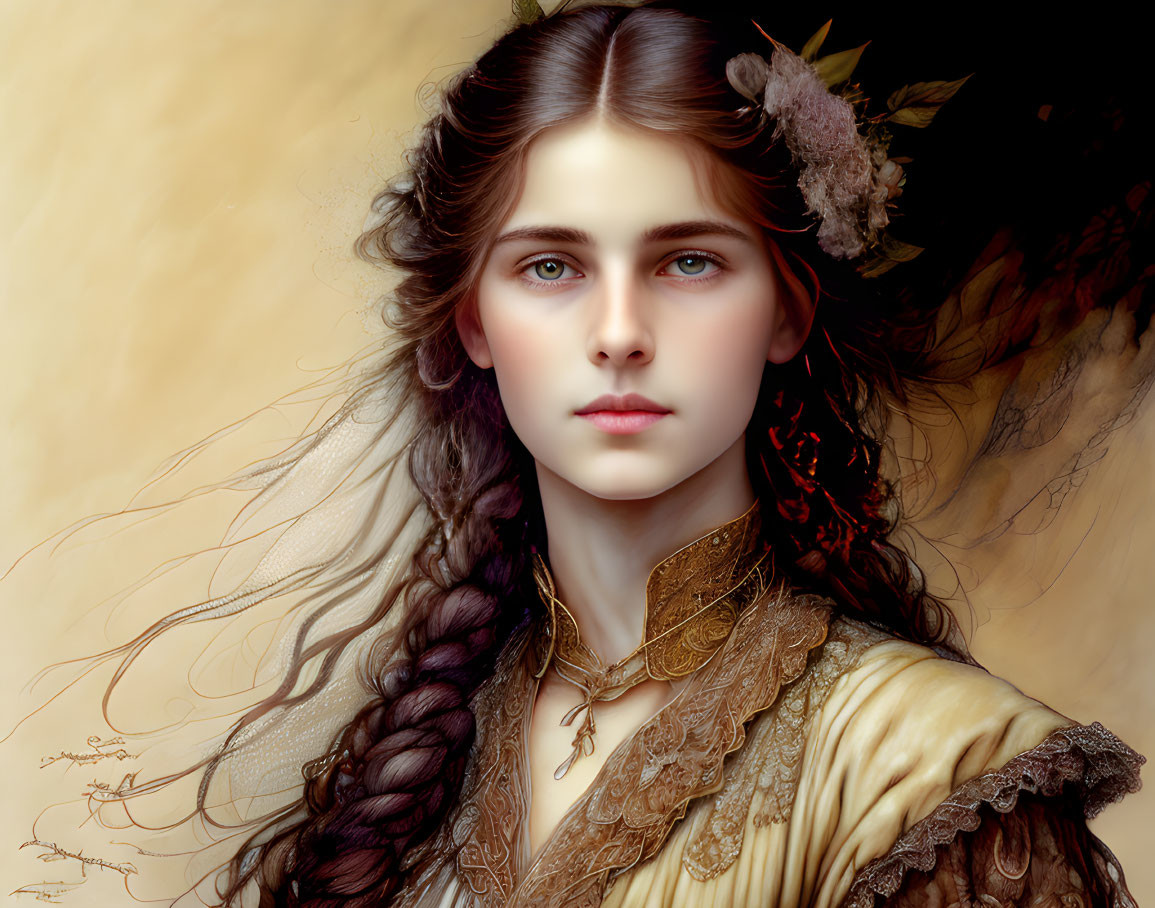 Detailed digital painting of young woman with braided hair and vintage attire.