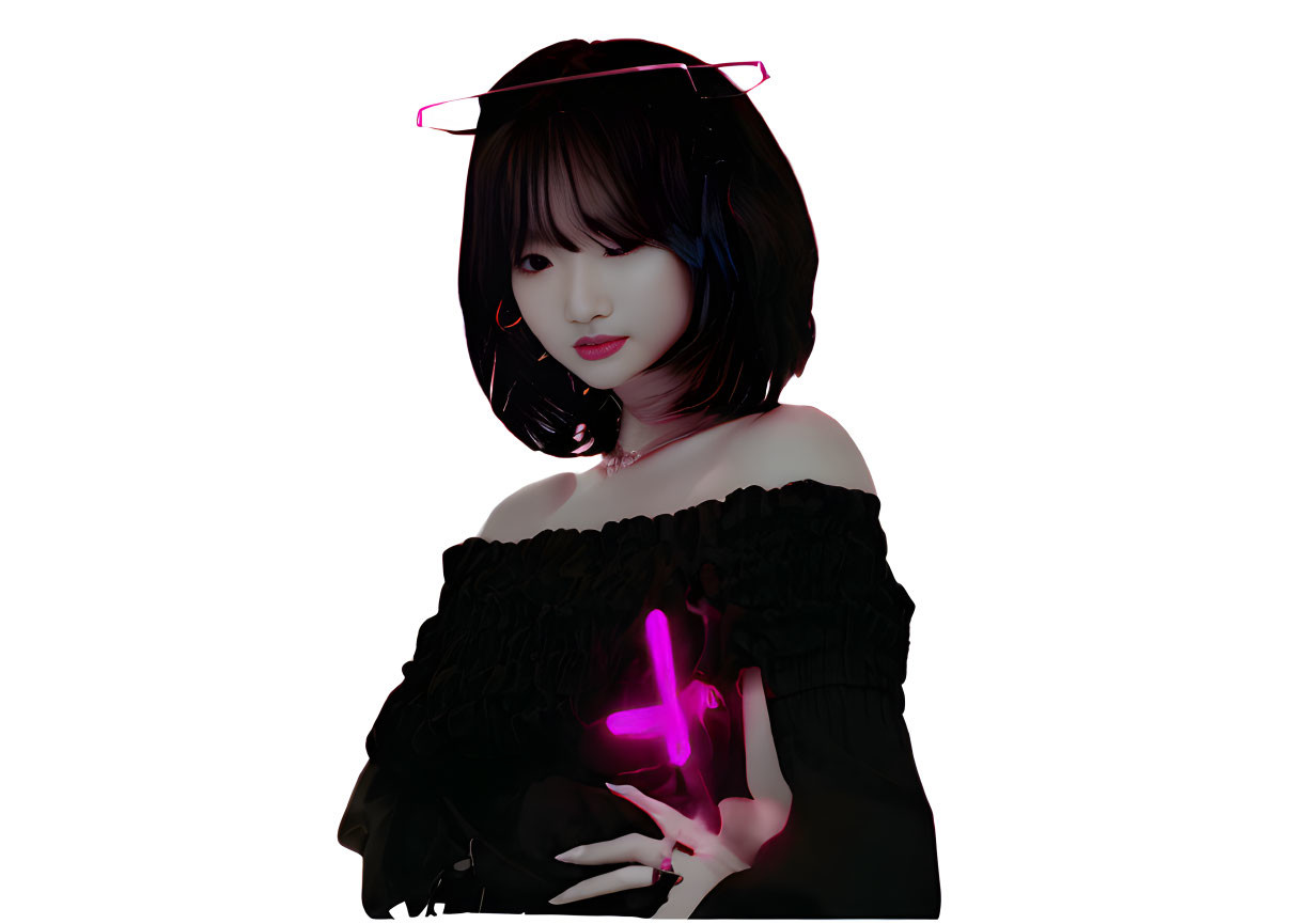 Dark-haired woman in off-shoulder top with neon pink light