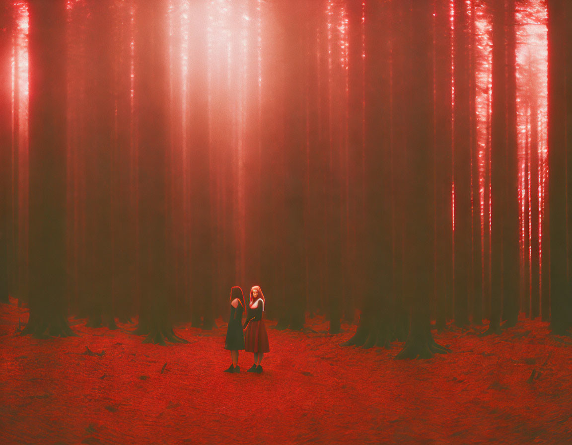 Two girls in red coats in misty, sunlit forest