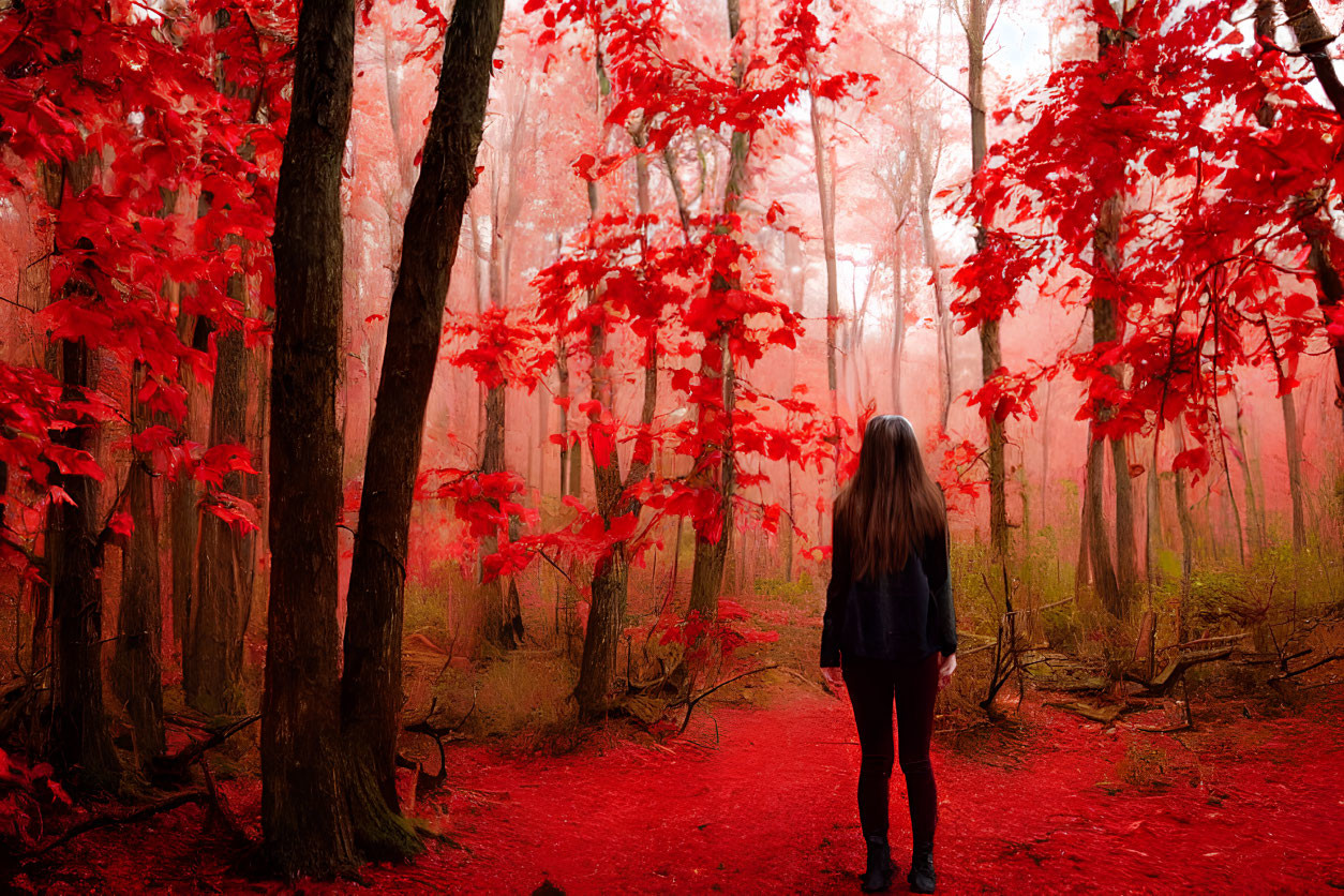 Person standing in vibrant red forest with fog and red leaf trees