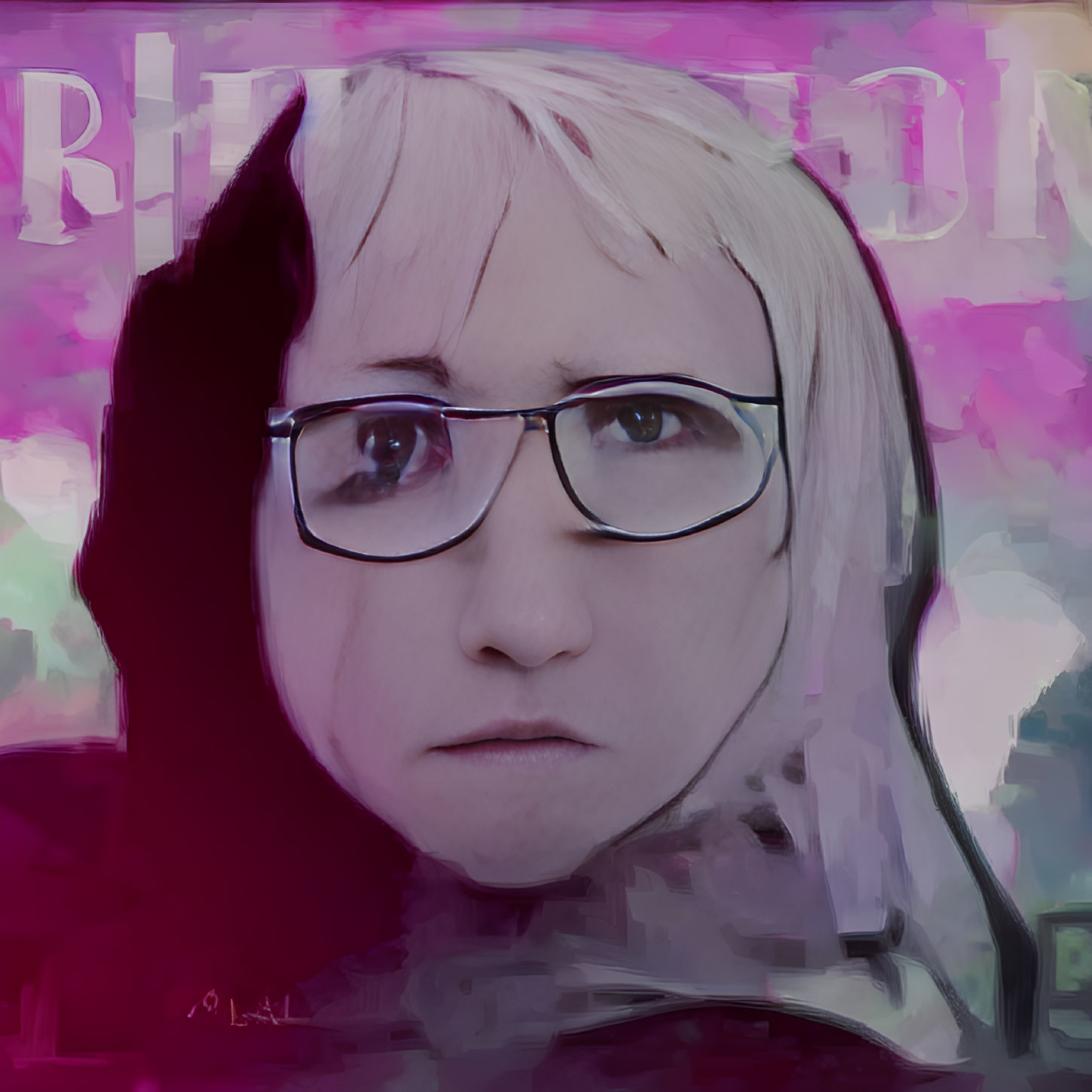 Digitally altered image of person with glasses and blonde hair in pink and purple hues.