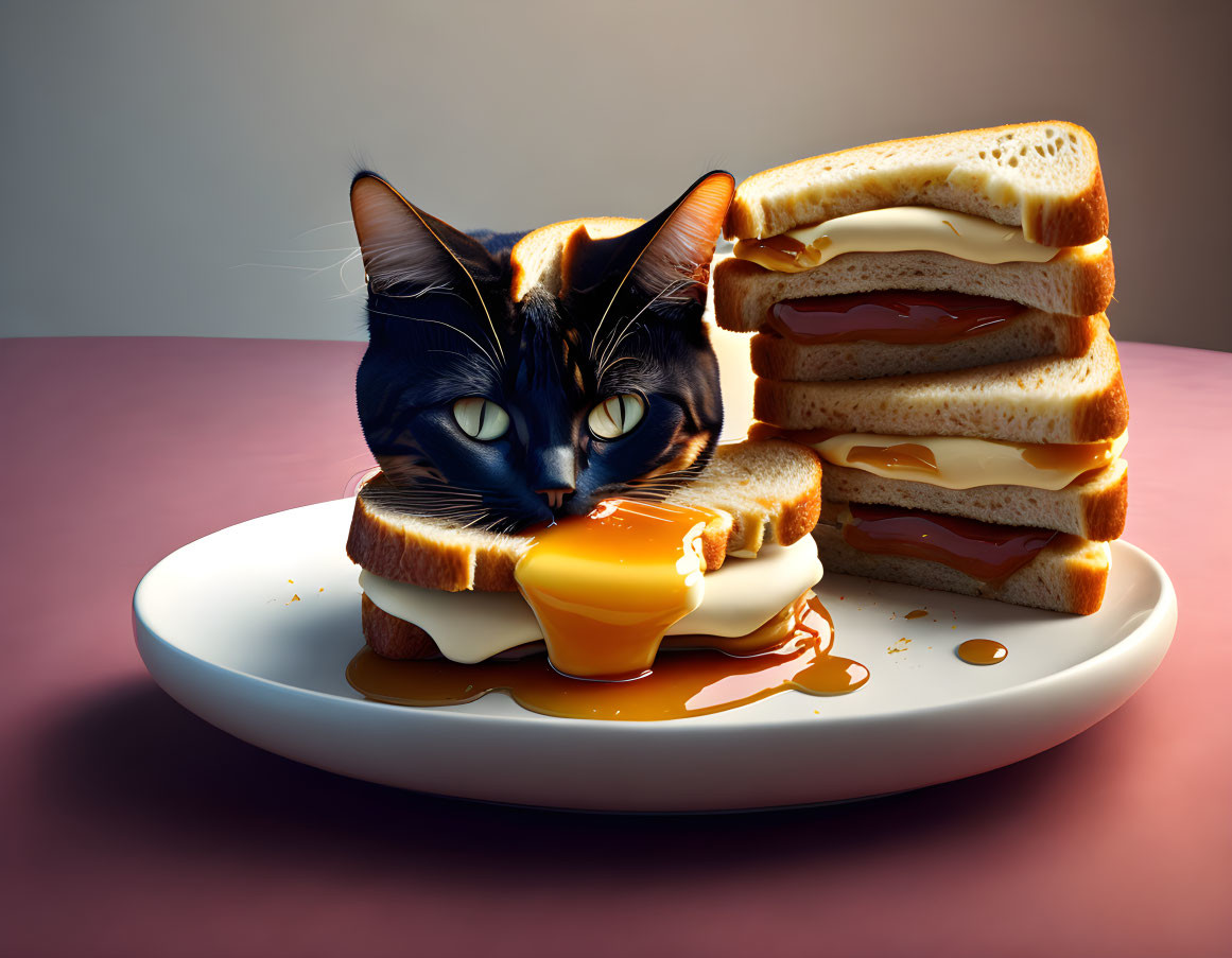 Digital artwork: Cat head merged with syrup-covered sandwiches on plate, pink backdrop