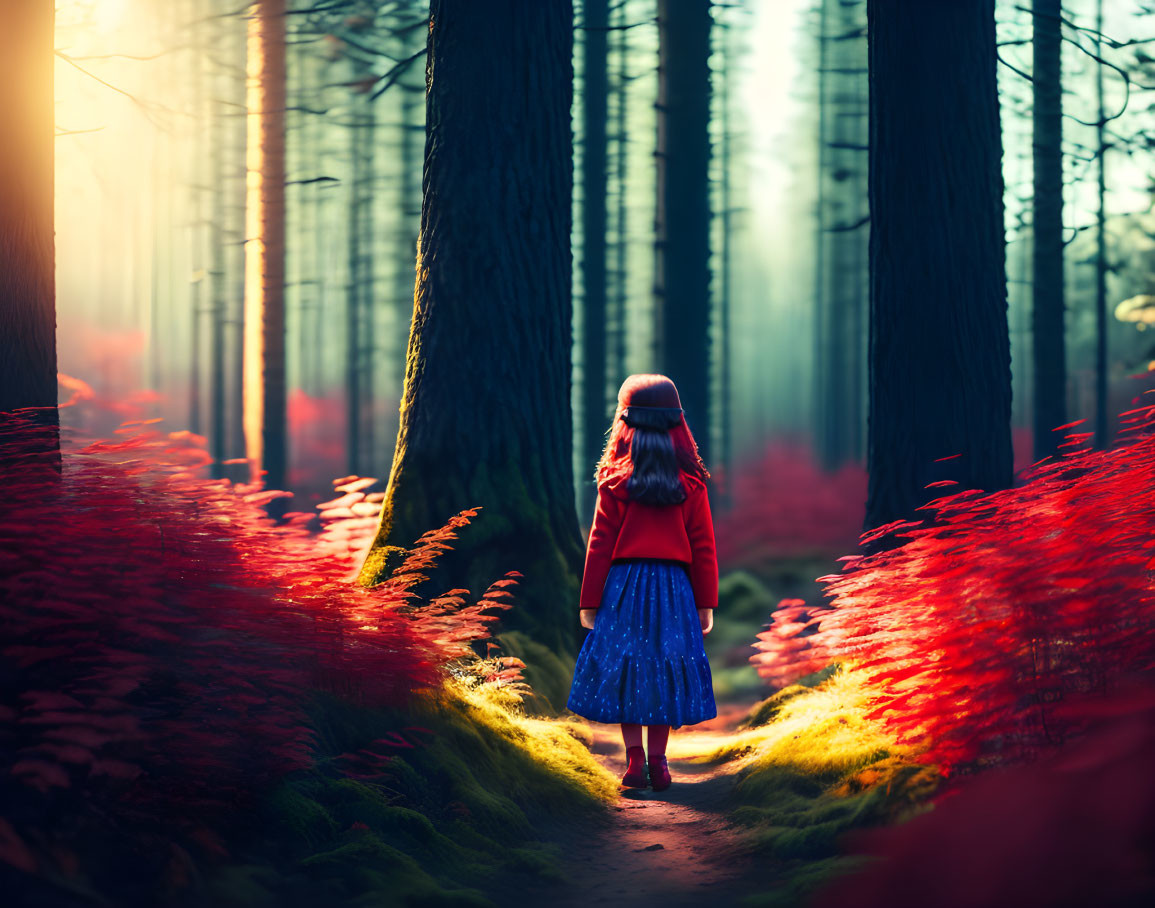 Girl in Red Coat Standing on Forest Path Amid Vibrant Plants