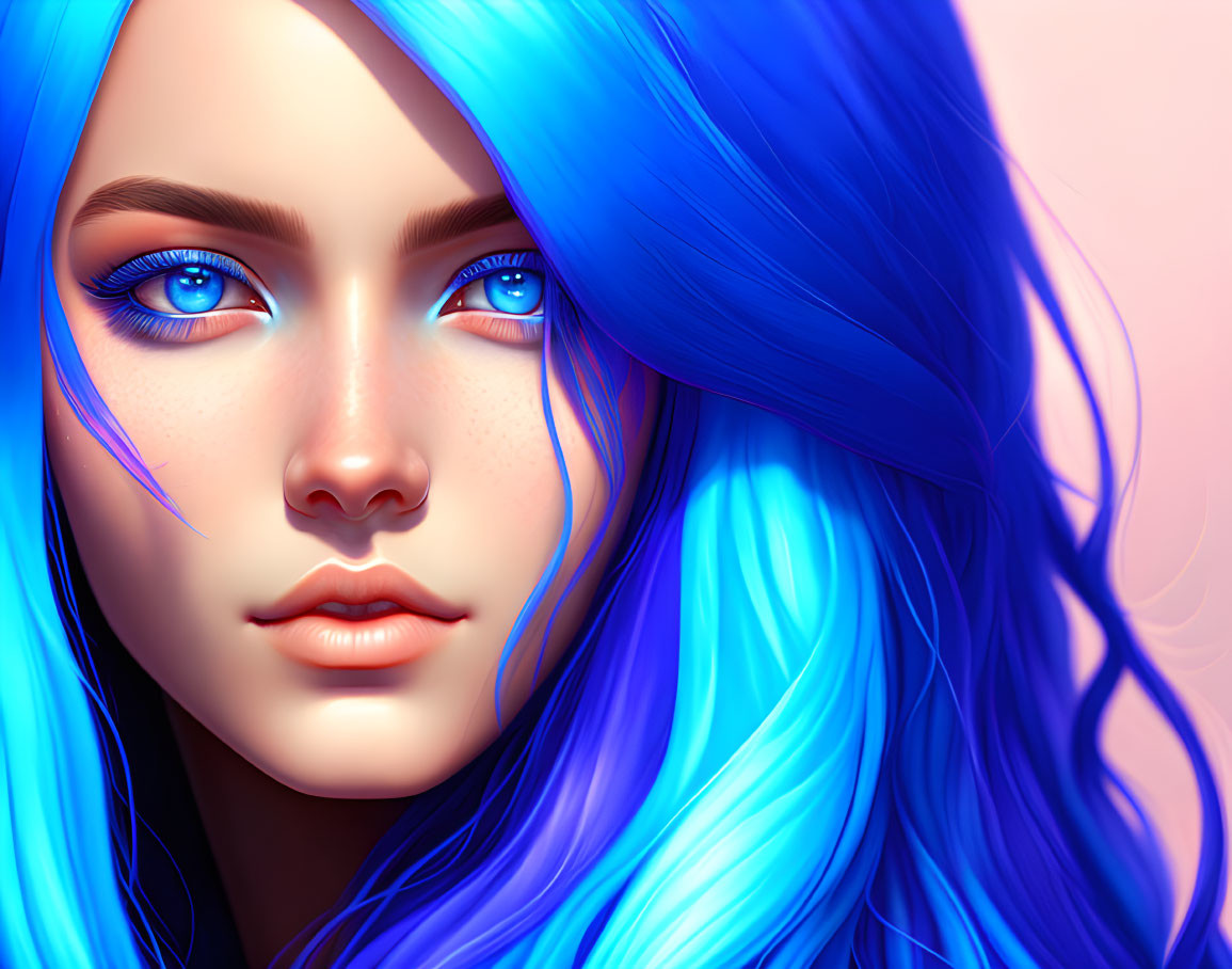 Detailed digital artwork of person with blue hair and eyes on pink background