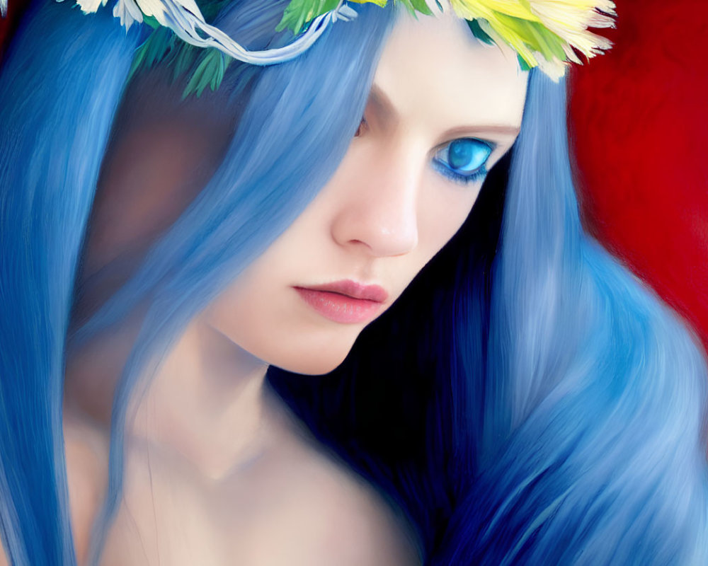 Digital artwork: Person with blue eyes, blue hair, white and yellow flower crown on red background